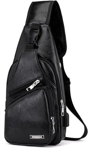 Aucuu Sling Bag i läder med bröstficka, stöldsäker bröstväska, liten axelväska, herrryggsäck med USB-kabel, vintagestil, crossbody, för friluftsliv, vandring och resor – brun, #2 svart