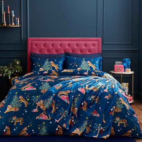Catherine Lansfield Christmas Tiger Soft Satin Reversible King Duvet Cover Set with Pillowcases Navy Blue