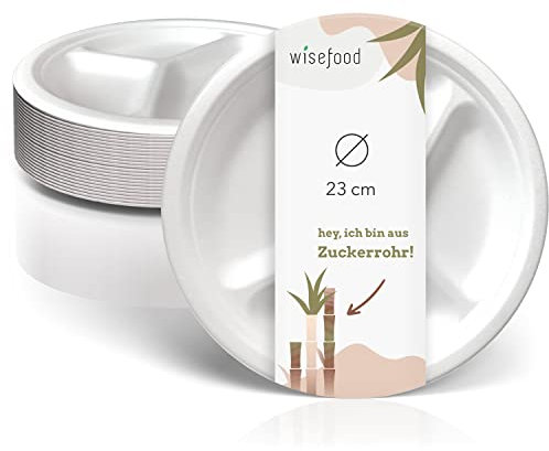 wisefood Plato de bagazo, caña de azúcar, 3 compartimentos, plato desechable, rectangular, diámetro de 23 cm, ideal como plato de fiesta o plato de menú, vajilla de caña de azúcar biodegradable (200)