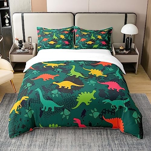 100% Cotton Dinosaur Bed Linen Set, Children's Duvet Cover 135 x 200, Old Dinosaur Bedding Set for Boys Teens, Vintage Wildlife Animal Pattern Lightweight Bedspread Cover Bedroom Decor, Colourful