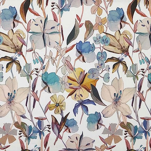 Kt KILOtela - Tela Loneta Estampada Digital, Half Panamá Algodón Orgánico, Decoración, Tapizar, Cojines, Manteles, 100 cm Largo x 140 cm Ancho, Flores, Bonita, Azul, Blanco - 1 metro