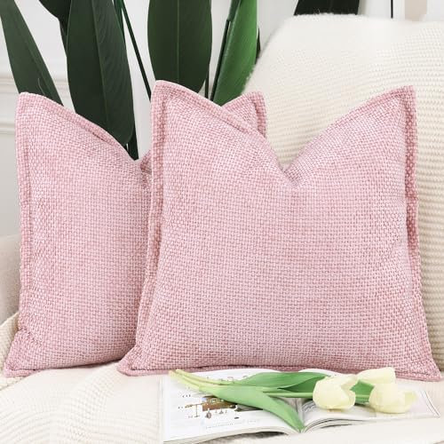 Madizz 2er Set Chenille Samt mit Rand Kissenbezüge Weiche Dekorativ Zierkissenbezüge Modern Kissenhülle für Sofa Wohnzimmer Schlafzimmer Rosa 50x50 cm