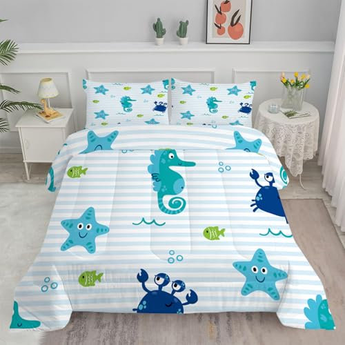 Bettdecke 155x220 4 Jahreszeiten, weiße Streifen Wende Steppdecke 155x200 Ganzjahresdecke Bettdecken, Weiche Junge Seestern Schlafdecke Waschbar Zudecke Vierjahreszeiten mit 2 Kissenbezug 80x80cm