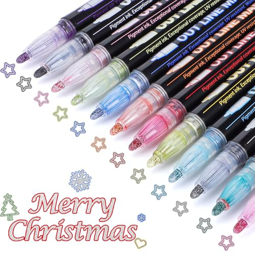Shimmer Markers Double Line Outline Markers, 12 Colors Metallic Glitter Pens Set for Drawing, Art Supplies, Arts Crafts, Gifts for 4-12 Year Old Girl Kids Teens