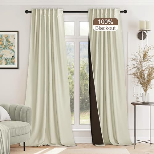 StangH Beige Blackout Velvet Curtains 96 inches, Back Tab Soft Chenille Thermal Insulated Window Drapes Heavy Thick Privacy Panels for Bedroom/Sliding Door, W52 x L96, 2 Panels
