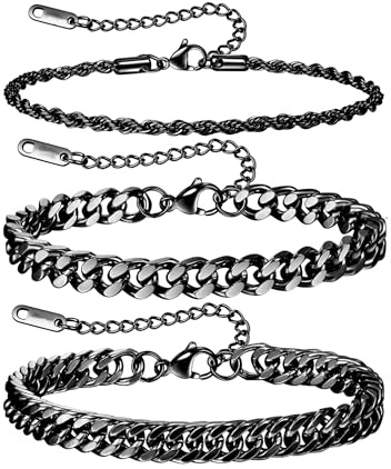 JEMARA 3 Pcs Mens Bracelets,Sturdy Curb Width Rope Cuban Chain Bracelet Set Adjustable Stack Black Chain Bracelet for Men Jewelry Bracelet Homme 18+3cm
