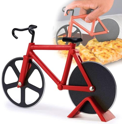 Fonyiunce Fahrrad Pizzaschneider, Antihaftbeschichteter Edelstahl Doppel Pizza Schneider, Familien Pizzaroller, mit Schneiderad Ständer, Edelstahl Pizza Schneider, FüR KüChen,Restaurants,Partys Usw(Ro