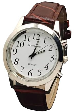Hailiky English Talking Watches Quartz Watch Brown Leather Band for The Blind The Elderly or People with Visual impairments