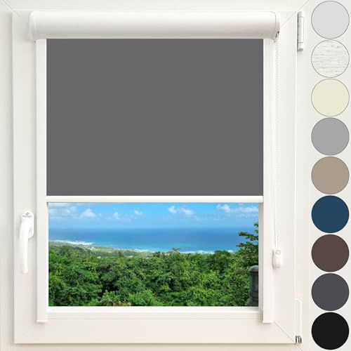 Kassettenrollo Thermorollo Verdunkelungsrollo Fenster Rollo mit Kassette und Führungsschienen zentimetergenaue Maßanfertigung Montage zum Kleben ohne Bohren Silberne Beschichtung Farbe Anthrazit