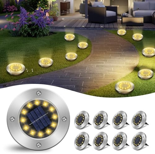 8 pezzi luci solari da terra per esterni, luci solari da giardino con 12 LED per esterni, lampada bianca calda da giardino IP65 impermeabile luce, per prato vialetto camminamento patio giardino