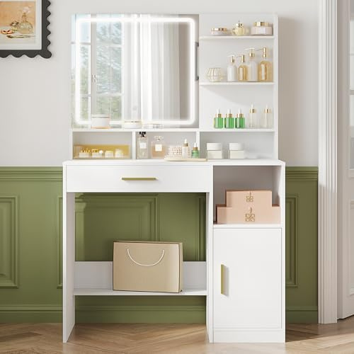 Hzuaneri Dressing Table with Mirror and LED Light, Vanity Table, Makeup Vanity with 3 Shelves & 4 Open Compartments, Large Drawer & Cabinet, Adjustable Lighting Brightness, White DT42103XUK