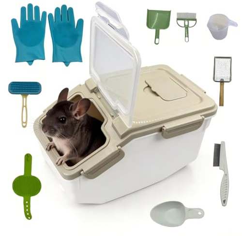 Extra Large Chinchilla Sand Bath Container Kit with Wash and Care Accessories, Chinchilla Dust Bath House, Plastic Dust Bath House for Chinchillas, Hamsters, Hedgehogs, Guinea Pigs and Small Animals