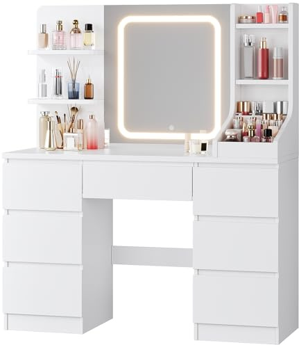 JUMMICO Dressing Table with LED Mirror,Adjustable Brightness,Vanity Table with Large Storage,Makeup Desk with 7 Drawers and 4 Shelves,Modern White