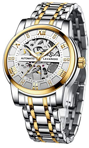 Herren-Armbanduhr, automatisch, selbstaufziehend, mechanisches Skelett, Edelstahl, wasserdicht, Diamant-Zifferblatt, Armbanduhr, Schwarz, Goldweißes, silbernes Uhrwerk, Automatikuhr, mechanisch