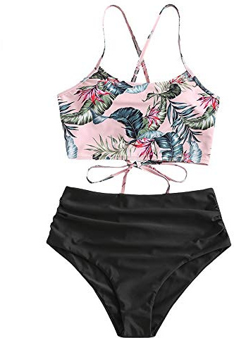 ZAFUL, bikini da donna, imbottito, con stampa a foglie e fiori, tankini con lacci, top con shorts a vita alta, costume da bagno misto a due pezzi Nero/2 L