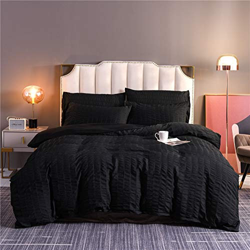 Oduo Funda Nórdica Seersucker Ropa de Cama de Microfibra, Color Sólido Antiarrugas Comodo Clásica Adultos Juego de Funda de Edredón con Cremallera y Funda de Almohada (135x200cm-2pcs,Negro)