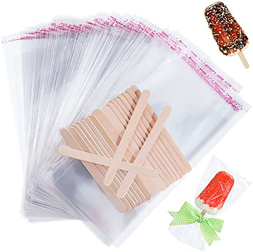 Patelai 300 Pcs Ice Lolly Sticks and Plastic Bags Set, Clear Self-adhesive Plastic Bags and Ice Lolly Sticks for Family Gathering Summer Party, 4.49 Inch, 8.27 x 3.15 Inch