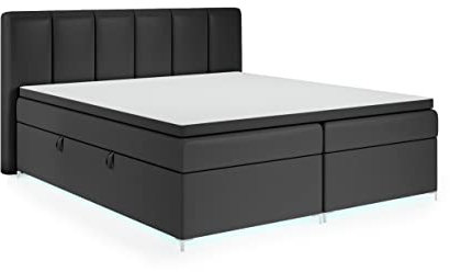 FEDVE Boxspringbett 180x200 Schwarz Öko-Leder – Kioto – Schlafzimmer Bett LED mit Matratze – Praktisches Kopfteil Bett mit Bettkasten – Gemütlich und Stabiles Dopplebett mit stauraum