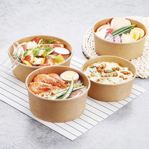 HOT BARGAINS Kraft Paper Salad Bowls with Reusable Lids, 35oz/1000ml Food Containers, Pack of 100, Brown