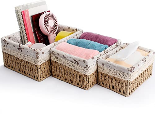 Conjunto de canasta Natural Cesta de Almacenamiento Trenzada,26/22/18cm 3 Tamaños de Cestas de almacenamiento Decorativas con Forro de Tela Extraíble Ideal Cesta Organizadora trenzado