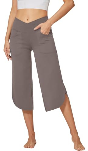 G4Free Pantacourt Femme Été Pantalon 3/4 Taille Haute Croisée Capri Pants avec Poches Ample Stretch Pantalon Yoga(Taupe,L)