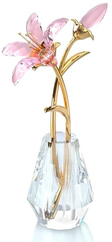 Crystal Tiger Lily Flowers with Crystal Vase Metal Stem Pink Lily Flower Collectible Gifts for Women, Glass Lilium Flower Artificial Floral Figurines for Home Wedding Party Decor