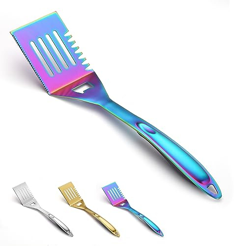 Evanda Grillspade, regnbågsplätering i titan grillspade i rostfritt stål, handtag värmetåligt och smälter inte, perfekt för utomhusgrillning, teppanyaki, camping