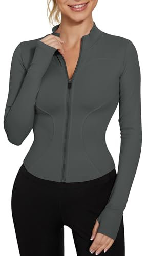 IECCP T-shirt de sport à manches longues respirant pour femme avec demi-fermeture zippée et trous pour les pouces, pour fitness, entraînement, yoga, course à pied, B-gris foncé., S
