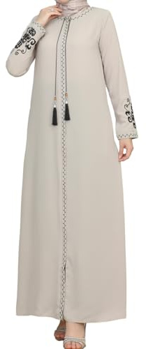 Abaya con Mangas Bordadas para Mujer y Bordado en el Lateral de la Cremallera, Manga Larga, Longitud hasta el Suelo