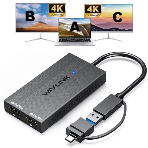 WAVLINK Adaptateur USB 3.0/C Displaylink Dual HDMI 4K 60Hz pour Double écran, Sortie USB-A/C vers HDMI 4K pour Mac M1/M2/M3 ou Windows 10/11