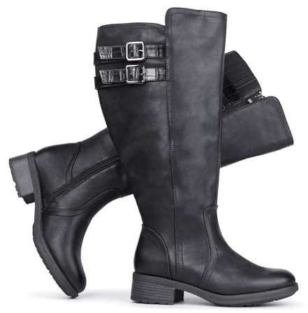 Chicblooms Stivali alti al ginocchio con tacco a blocco e polpaccio largo da donna, con fibbia impilata ed elastico nascosto, Nero , 37 EU