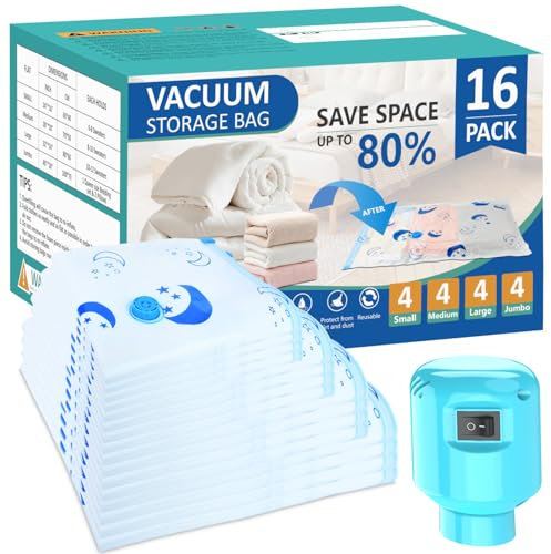 SZO Sacchetti sottovuoto per piumoni con pompa elettrica 16 pezzi (4 Jumbo, 4 Grandi, 4 Medi, 4 Piccoli) Viaggio Sgonfiaggio rapido Salvaspazio per piumoni vestiti cuscini biancheria da letto