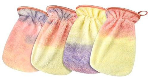 PHOGARY 4 Stück Waschlappen Waschhandschuhe Gesicht, Mikrofaser Koralle Waschlappen, weicher Waschhandschuh, Wiederverwendbare Make-up-Entferner-Handschuhe, 13x20cm(Tie Dye)