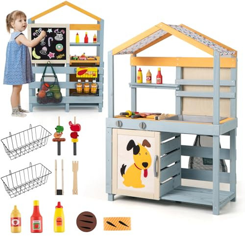 DREAMADE Cuisine Enfants en Bois, Jeu Imaginaire avec Épicerie, Tableau Noir, Panier de Rangement, Boutons Rotatifs, Ensemble de Dinette pour Extérieur
