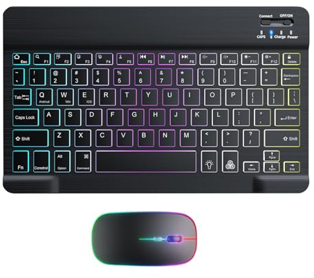 Tastiera e mouse wireless illuminati – Set tastiera e mouse wireless, tastiera retroilluminata a 7 colori con mouse, tastiera sottile portatile per scuola, ufficio, lavoro e gioco