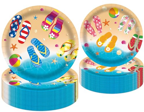 C L cooper life 48Pcs Beach Flip-Flop Paper Plates Summer Beach Birthday Party Tableware Decorations Flip-flop Theme Dinnerware Plates for Hello Summer Hawaii Party Supplies 7.1×7.1 inch