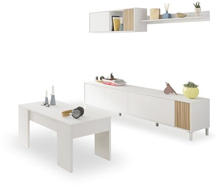 duehome | Pack de Salon con Modulo TV + Mesa de Centro Elevable, Conjunto de Salon, Modelo Nitza Plus V2, Acabado en Blanco Artik y Natur