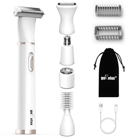 Gurelax Bikini Trimmer Women, 5-in-1 Lady Shavers for Women,Rechargeable Electric Razor with 5 Replacement Heads for Body, Pubic, Face, Eyebrow, Nose, Armpit,Underarms,Wet and Dry Use