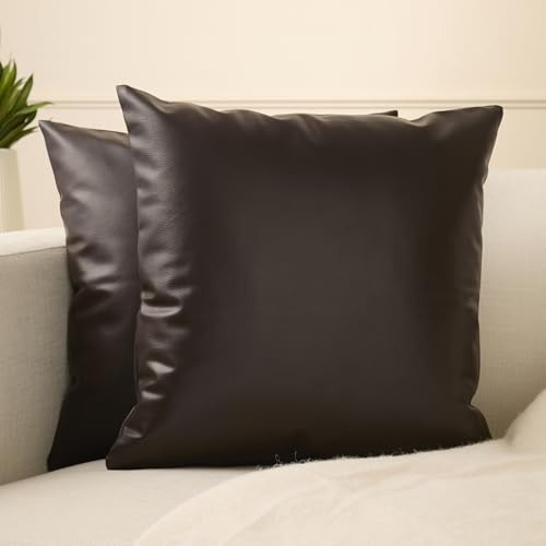 Encasa XO Fundas de cojín de Piel sintética 40x40 cm Marrón Oscuro | Juego de 2 Fundas Decorativas | Fundas de cojín Modernas de Estilo rústico para Exteriores, Sala de Estar, Dormitorio y sofá