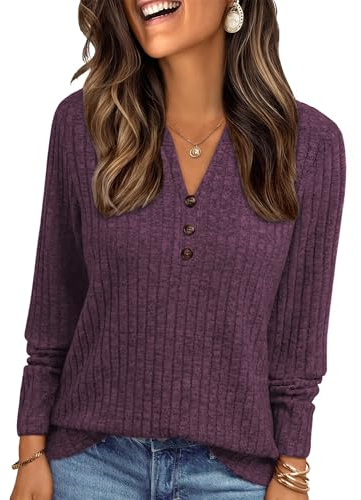 Famulily Womens V Neck Sweater Long Sleeve Button Detail Tunic Tops Autumn Winter Casual Loose Jumpers for Leggings Wine L