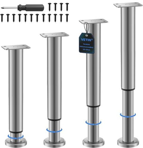 VETIN 4 piedini per mobili regolabili, altezza regolabile 20 – 37 cm, in metallo e acciaio inox, gambe per mobili per armadio, TV, letto, comodino, sedia da bagno