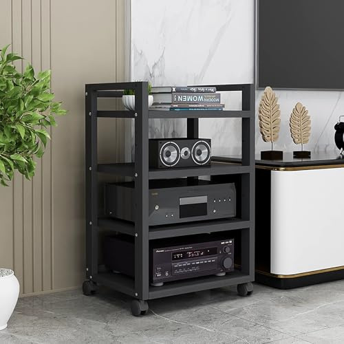 Hifi-Ställ 4-Vånings Mediaskåp Med Hjul Av-Mediastativ Med Justerbar Hylla Skivspelarestativ Högt Ljudtornställ För Vardagsrumsstereo(Svart)
