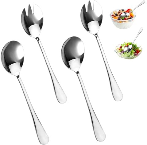 4 Piezas Cubiertos para Ensalada Acero Inoxidable, 20cm Cubiertos para Ensalada Cuchara Y Tenedor, Tenedor de Ensaladas Cuchara de Acero Inoxidable para Banquetes, Bodas, Reuniones Familiares