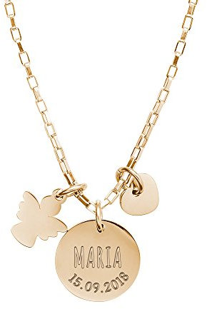 Gravado Mondgold Kette aus Gold-Edelstahl mit 3 Anhängern, Kreis Herz Engel, Personalisiert mit Namen und Datum, inkl. Geschenkbox, Mädchen Schmuck, Länge 50 cm