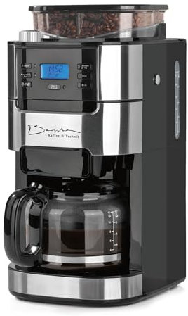 Barista Kaffee & Technik Cafetière Filtre avec verseuse erseuse en verre 1L pur 12 tasses de café, Machine a cafe grain avec broyeur et écran digital, Fonction de minuterie
