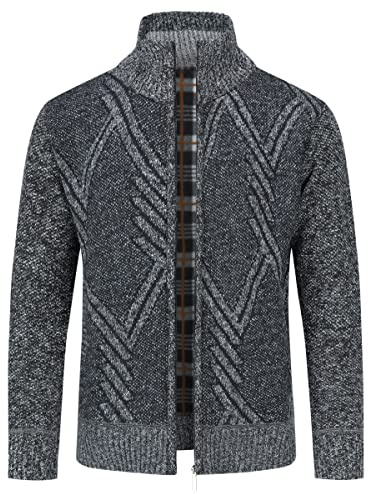Stickad cardigan för män, tjock tröja, full dragkedja, stående krage, varm jumper, fleecefodrad vinterrock, Mörkgrå2, XL