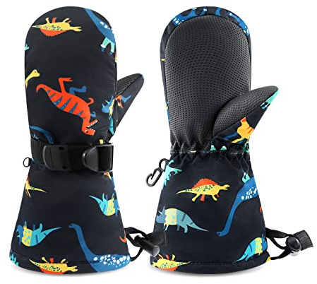 SEYUFN Gant Enfant Hiver Thermique Chaud Garçon Gants Ski Fille Polaire Doublure Étanche Bebe Moufle Enfants PU Paume Réglable Mitaine Sport Snowboard 1-6 Ans(Dinosaure Marine foncée-Orange,12-24mois)