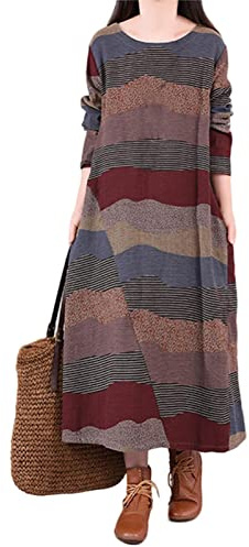 SHINROAD Robe rayée à col rond et manches longues pour femme, robe d'automne et d'hiver, robe longue ample pour le quotidien, rouge vin, XL