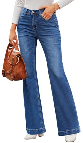 Roskiky Pantalones acampanados para mujer de cintura alta, pierna ancha, vaqueros elásticos holgados, S