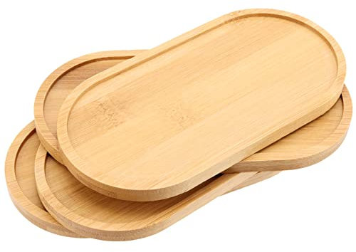 JEUIHAU 4 Pcs Oval Bamboo Tray, Small Wooden Trays, 17.5 x 8.8 x 1cm Wood Serving Tray for Display, Food Grade Oval Platters for Coaster, Fruits, Tea, Coffee, Desserts